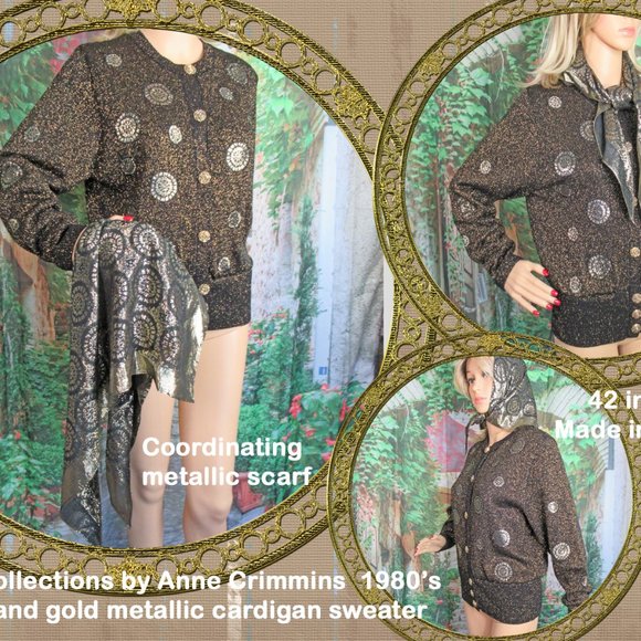UMI Collections Anne Crimmins black & gold metallic cardigan Gold metal buttons - Picture 1 of 15
